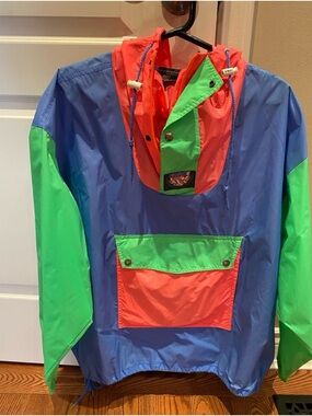 K-Way Kids Colorblock Pullover Raincoat in Blue, Green & Coral